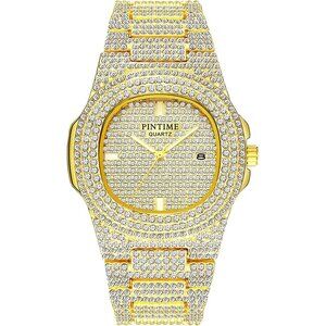 Men's Gold 1 Crystal Bling Rectangle Case Stainless Steel Quartz Analog Watch